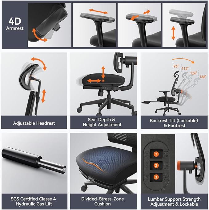Newtral Ergonomic Chair with Footrest - Home Office Desk Chair with Auto-Following Lumbar Support, 4D Armrest, Seat Depth & Height Adjustable, 96°-136° Reclines - LeafyLoom