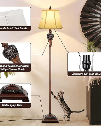 Vintage Floor Lamp for Living Room Traditional Farmhouse Tall Standing Lamp Mid-century Antique Bedroom Pole Lamp with White Fabric Shade Rustic Bright Lighting Elegant Reading Lamp Retro Home Decor - LeafyLoom