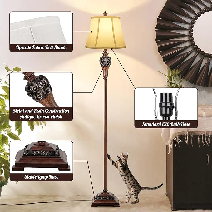 Vintage Floor Lamp for Living Room Traditional Farmhouse Tall Standing Lamp Mid-century Antique Bedroom Pole Lamp with White Fabric Shade Rustic Bright Lighting Elegant Reading Lamp Retro Home Decor - LeafyLoom