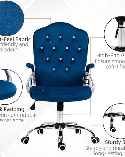Vinsetto Home Office Chair, Velvet Computer Chair, Button Tufted Desk Chair with Swivel Wheels, Adjustable Height, and Tilt Function, Blue - LeafyLoom