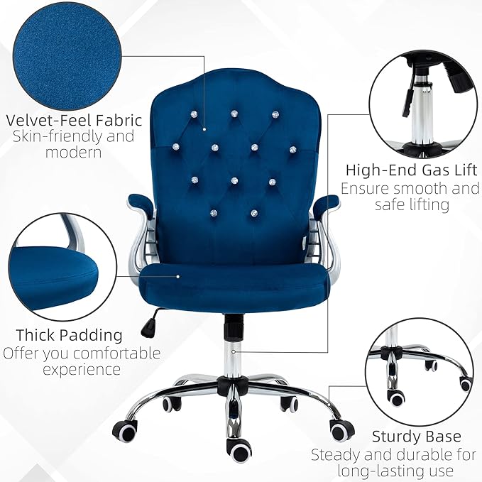 Vinsetto Home Office Chair, Velvet Computer Chair, Button Tufted Desk Chair with Swivel Wheels, Adjustable Height, and Tilt Function, Blue - LeafyLoom
