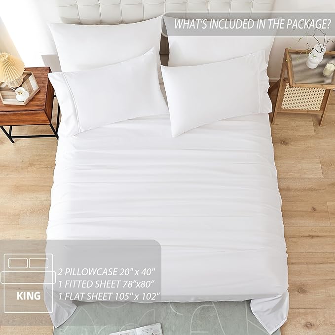 King Sheet Set - White Soft Breathable Bed Sheets for King Size Bed, Fit Deep Pocket Hotel Luxury Sheets, Silky Cooling Bedding Sheets and Pillowcases, Wrinkle Free Oeko-Tex Sheets 4 Piece - LeafyLoom