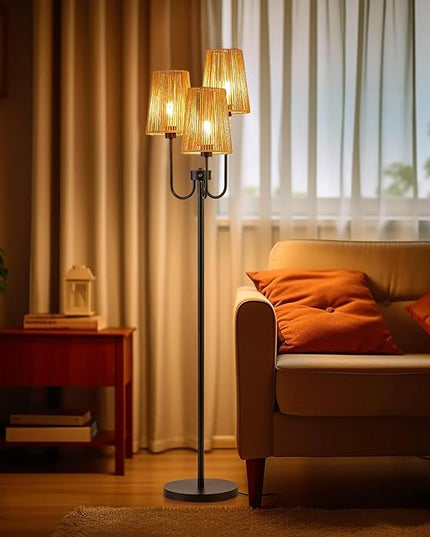 RORIANO Boho Floor Lamp for Living Room, 3-Light Rotary Switch Farmhouse Standing Bedroom Lamp with Rattan Shade, Tall Floor Lamps for Rustic, Coastal, Beach or Bohemian Decor, 3 LED Bulbs Included - LeafyLoom