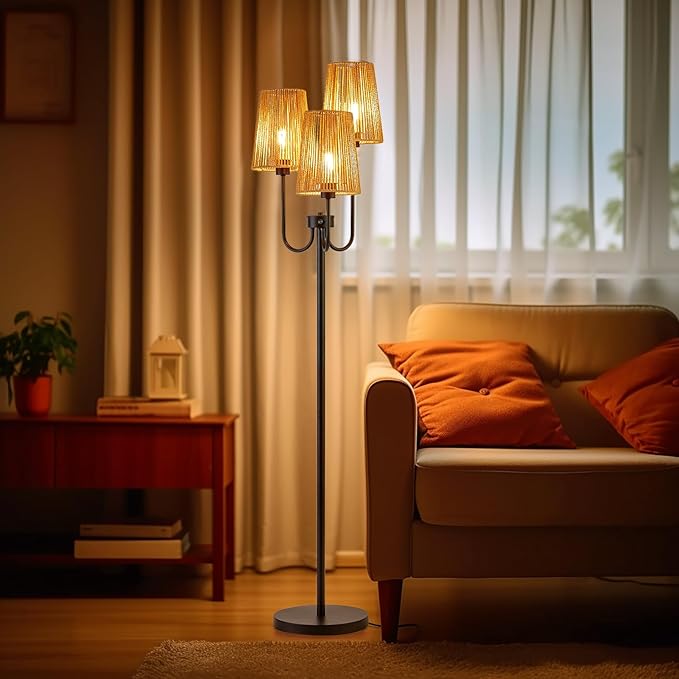 RORIANO Boho Floor Lamp for Living Room, 3-Light Rotary Switch Farmhouse Standing Bedroom Lamp with Rattan Shade, Tall Floor Lamps for Rustic, Coastal, Beach or Bohemian Decor, 3 LED Bulbs Included - LeafyLoom
