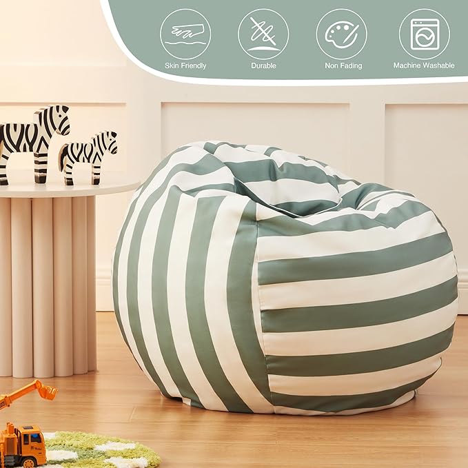EXQ Home Kids Bean Bag Chairs Cover -Stuffed Animal Bean Bag Storage Green and White Stripes-Zipper Bean Bag for Organizing Children Plush Toys Holiday Gift for Girl,Boys (2XL) - LeafyLoom