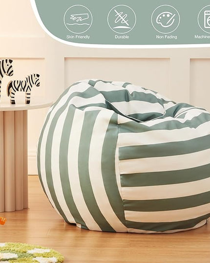 EXQ Home Kids Bean Bag Chairs Cover -Stuffed Animal Bean Bag Storage Green and White Stripes-Zipper Bean Bag for Organizing Children Plush Toys Holiday Gift for Girl,Boys - LeafyLoom