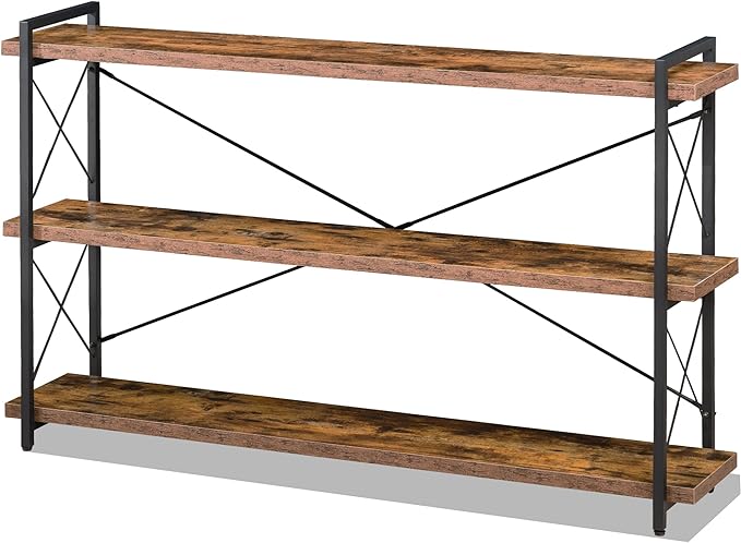 HCHQHS Bookshelf, 3-Tier Long Industrial Bookcase, Rustic Open Book Shelf, Freestanding Horizontal Bookshelves with Metal Frame - LeafyLoom