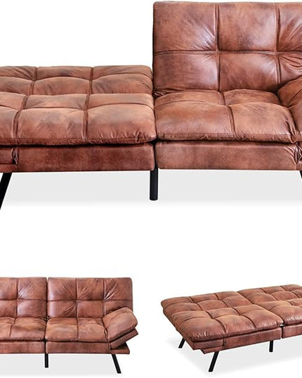 MUUEGM Futon Sofa Bed Convertible Memory Foam Sleeper Couch,Modern Faux Leather Loveseat for Living Room,Small Compact Space,Dorm,Office,Adjustable Armrests Backrest Sofabed, Dark Brown - LeafyLoom