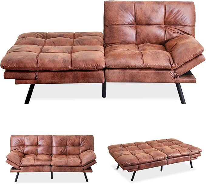 MUUEGM Futon Sofa Bed Convertible Memory Foam Sleeper Couch,Modern Faux Leather Loveseat for Living Room,Small Compact Space,Dorm,Office,Adjustable Armrests Backrest Sofabed, Dark Brown - LeafyLoom