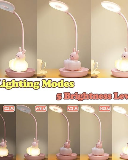 Kids Desk Lamp Pink, Dimming Desk Lamp for Girls with Exclusive Cartoon Look, Cute Night Light for Kids Bedroom, Eye-Caring LED Portable Reading Lamp for Child, Unique Gift (Pink Rabbit) - LeafyLoom