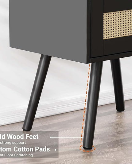 SUPERJARE Nightstand with Charging Station & Rattan-Like Decor Drawer, Rattan End Table with Solid Wood Feet, Bed Side Table with Open Storage, for Bedroom, Living Room, Dormitory - Black - LeafyLoom