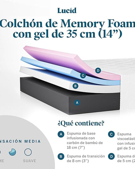 LUCID 14 Inch Memory Foam Mattress - Medium Feel - Memory Foam Infused with Bamboo Charcoal and Gel - Temperature Regulating - Pressure Relief - Breathable - Premium Support - California King Size - LeafyLoom