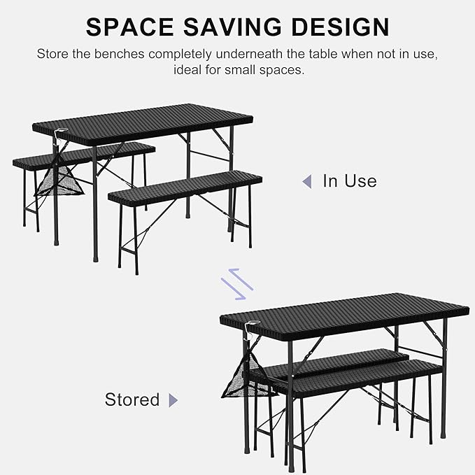 VECELO Dining Table Set for 4, Faux Rattan Card Folding Dinette for Small Space with 2 Benches, Kitchen/Breakfast Nook/Living Room, No Assembly, 3 Piece, Black - LeafyLoom
