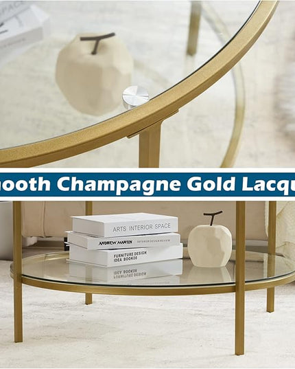 VINGLI Glass Coffee Table, 30" Round Champagne Gold Coffee Tables for Living Room,2-Tier Glass Top Coffee Table with Storage Clear Coffee Table,Simple & Modern Center Table Mesa de Centro Para Sala - LeafyLoom
