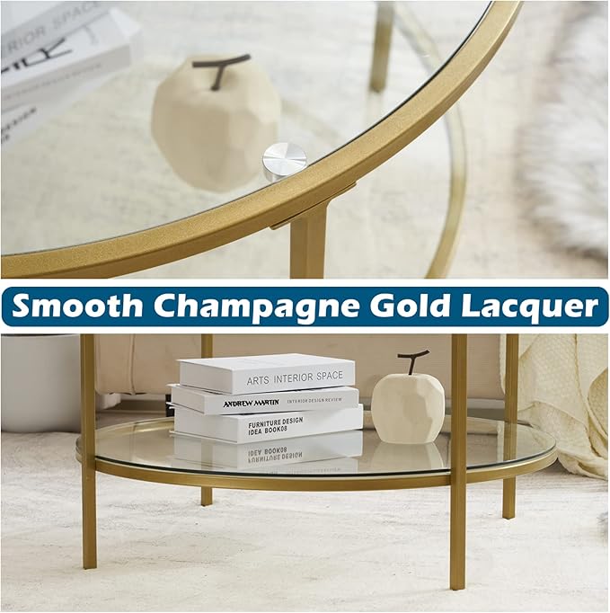 VINGLI Glass Coffee Table, 30" Round Champagne Gold Coffee Tables for Living Room,2-Tier Glass Top Coffee Table with Storage Clear Coffee Table,Simple & Modern Center Table Mesa de Centro Para Sala - LeafyLoom