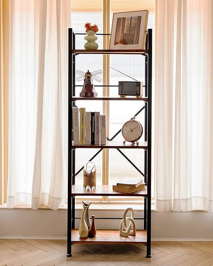 Rustic Bookshelf, 5 Tier Real Wood Bookshelf, Metal Book Shelf for Storage, Black Bookcase, 12.6" D x 23.62" W x 64.17" H - LeafyLoom