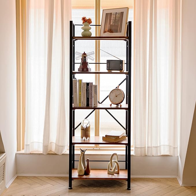 Rustic Bookshelf, 5 Tier Real Wood Bookshelf, Metal Book Shelf for Storage, Black Bookcase, 12.6" D x 23.62" W x 64.17" H - LeafyLoom