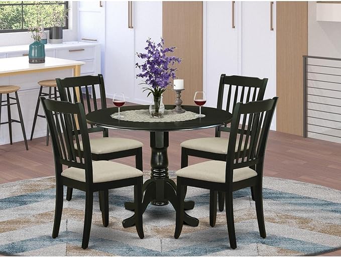 East West Furniture DLDA5-BLK-C Dublin 5 Piece Dining Set for 4 Includes a Round Kitchen Table with Dropleaf and 4 Linen Fabric Upholstered Dinette Chairs, 42x42 Inch, Black - LeafyLoom