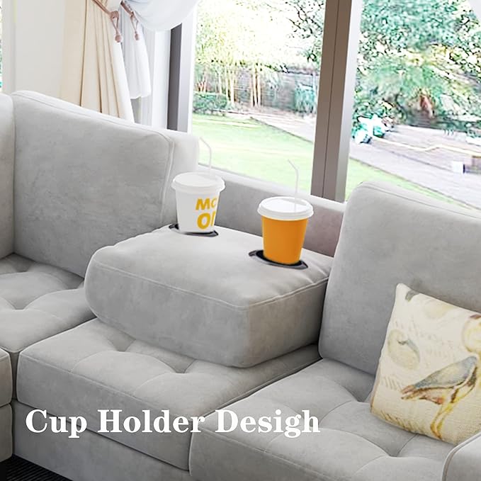 Sectional Sofa Couch w/Ottoman & Chaise, Upholstered L Shape Modular Sofa&Couch,Button Tufted Comfy for Living Room Furniture Sets, Home, LIGHT GREY CupHolders - LeafyLoom