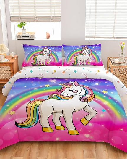 Aimuan Girls Unicorn Comforter Set 3 Pieces Pink Purple Bedding Set with Rainbow Star Galaxy Stars Fantasy Children Room Decor Soft Reversible Bed Sets for Boys/Girls/Teens (Pink-Purple Twin3Pcs) - LeafyLoom