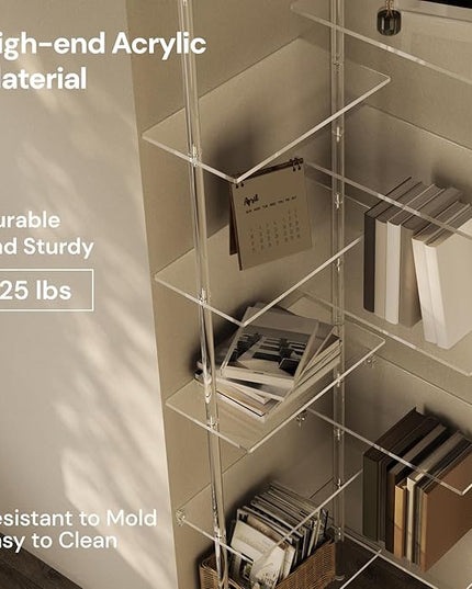 Acrylic Corner Bookshelf, Wall Mounted, 10-Tier L Shaped Bookshelf with Open Shelves, Multipurpose Clear Ladder Bookcase for Living Room, Bathroom, Office, Modern, 73.6" H - LeafyLoom