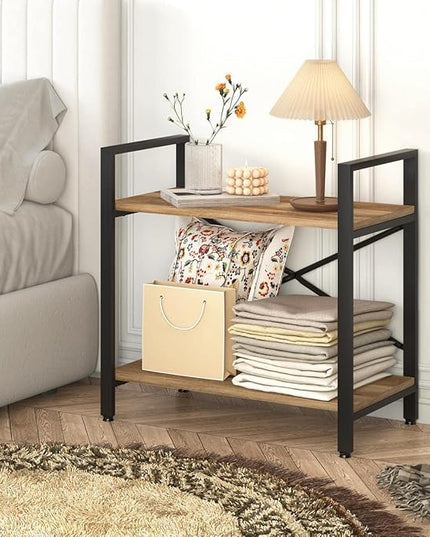 BON AUGURE Small Bookshelf for Small Space, Industrial 2 Tier Wood Metal Bookcase, Rustic Short Book Shelf for Living Room, Bedroom and Office (Vintage Oak) - LeafyLoom