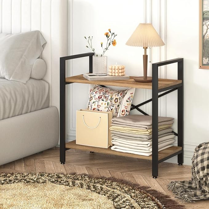 BON AUGURE Small Bookshelf for Small Space, Industrial 2 Tier Wood Metal Bookcase, Rustic Short Book Shelf for Living Room, Bedroom and Office (Vintage Oak) - LeafyLoom