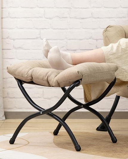 AbocoFur Modern Fabric Lazy Chair and Folding Footrest Stool Set, Accent Contemporary Lounge Chair and Portable Ottoman, Steel Frame Leisure Sofa Chair and Metal Cotton Footstool, Coffee&White - LeafyLoom