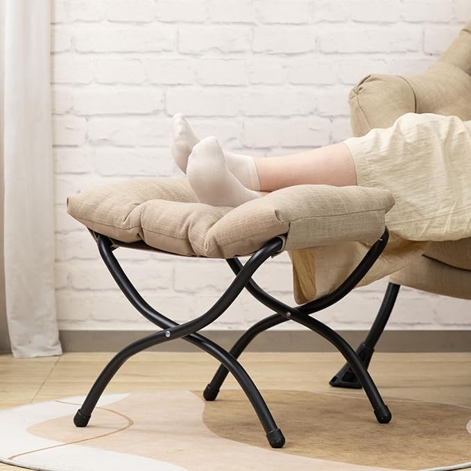 AbocoFur Modern Fabric Lazy Chair and Folding Footrest Stool Set, Accent Contemporary Lounge Chair and Portable Ottoman, Steel Frame Leisure Sofa Chair and Metal Cotton Footstool, Coffee&White - LeafyLoom