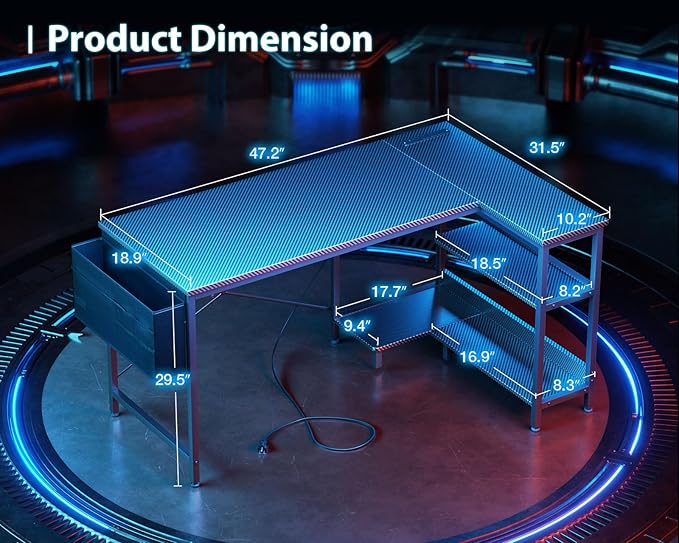 ODK 48 Inch Small L Shaped Gaming Computer Desk with Power Outlets,Corner Desk with Reversible Storage Shelves & PC Stand for Small Space, Modern Simple Home Office Table, Carbon Fiber Surface, Black - LeafyLoom