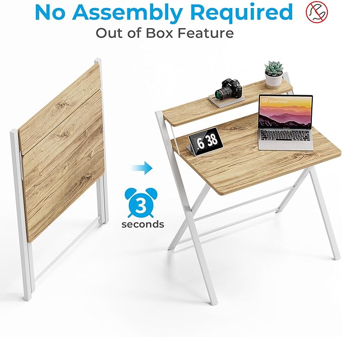 GreenForest Folding Desk No Assembly Required Large Size, 2-Tier Foldable Computer Desk with Shelf for Home Office, Space Saving Portable Laptop Study Foldable Table for Bedroom, Oak - LeafyLoom