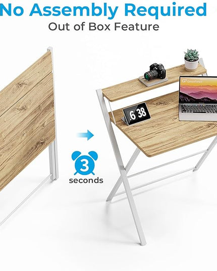GreenForest Folding Desk No Assembly Required Small Size, 2-Tier Foldable Computer Desk with Shelf for Home Office, Space Saving Portable Laptop Study Foldable Table for Small Spaces, Oak - LeafyLoom