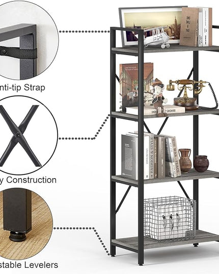 BON AUGURE Industrial 4 Tier Bookshelf, Modern Open Etagere Bookcase, Wood Metal Book Shelves for Living Room, Bedroom and Office (Dark Gray Oak) - LeafyLoom