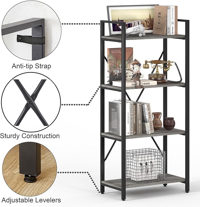 BON AUGURE Industrial 4 Tier Bookshelf, Modern Open Etagere Bookcase, Wood Metal Book Shelves for Living Room, Bedroom and Office (Dark Gray Oak) - LeafyLoom