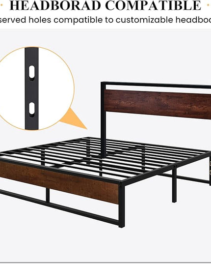 SHA CERLIN 14'' King Size Metal Platform Bed Frame with Rustic Wood & Reverse Holes/Ample Under-Bed Storage Space/Mattress Foundation/No Box Spring Needed/Easy Assembly - LeafyLoom