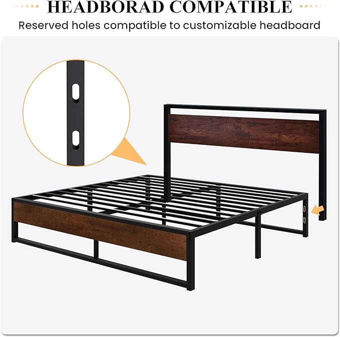 SHA CERLIN 14'' King Size Metal Platform Bed Frame with Rustic Wood & Reverse Holes/Ample Under-Bed Storage Space/Mattress Foundation/No Box Spring Needed/Easy Assembly - LeafyLoom
