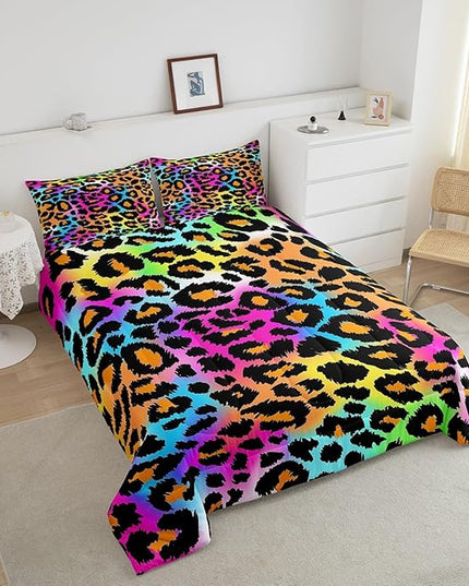 Leopard Print Comforter Set for Girls Kids Women Neon Rainbow Leopard Fur Bedding Set Mottled Exotic Panthera Skin Comforter Room Decor Colorful Camouflage Safari Theme Duvet Set King Size Quilt Set - LeafyLoom