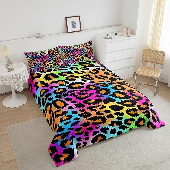 Leopard Print Comforter Set for Girls Kids Women Neon Rainbow Leopard Fur Bedding Set Mottled Exotic Panthera Skin Comforter Room Decor Colorful Camouflage Safari Theme Duvet Set King Size Quilt Set - LeafyLoom
