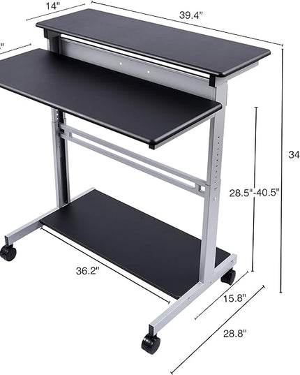 Stand Up Desk Store Rolling Adjustable Height Two Tier Standing Desk Computer Workstation (Silver Frame/Black Top, 40" Wide) - LeafyLoom