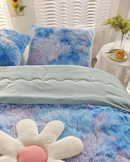 Faux Fur Kids Girls Blue Rainbow Comforter Sets King - 3PC Bed Set Warm Comfortable Soft Plush Flannel Velvet Fluffy Fuzzy Bedding（Comforter x 1 Pillowcases x 2） - LeafyLoom