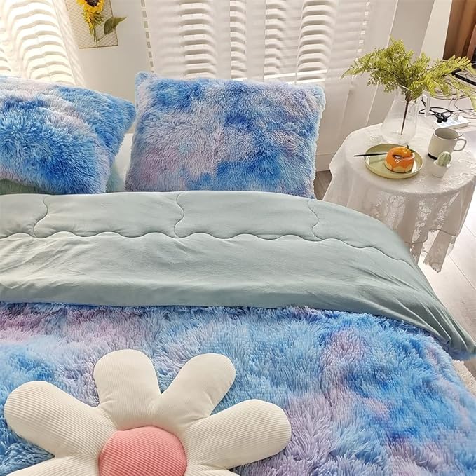 Faux Fur Kids Girls Blue Rainbow Comforter Sets King - 3PC Bed Set Warm Comfortable Soft Plush Flannel Velvet Fluffy Fuzzy Bedding（Comforter x 1 Pillowcases x 2） - LeafyLoom