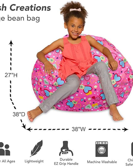 Posh Creations Bean Bag Chair for Kids, Teens, and Adults Includes Removable and Machine Washable Cover, Canvas Multi-Colored Hearts on Pink, 38in - Large - LeafyLoom