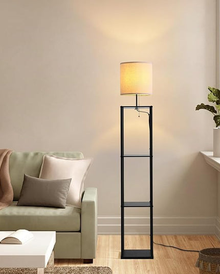 Moooni Modern Floor Lamp with Shelves Black Shelf Floor Lamp with White Linen Shape Corner Storage Floor Lamp for Living Room Bedroom Office - LeafyLoom