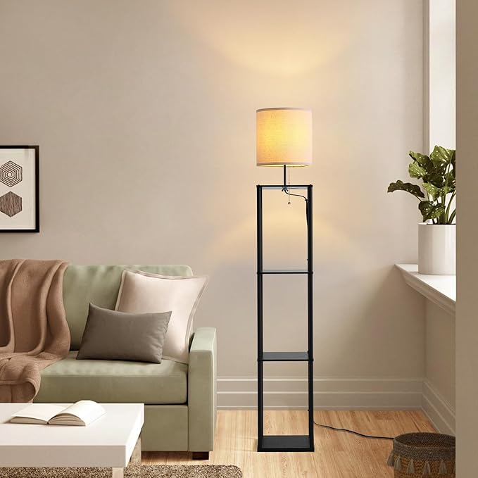 Moooni Modern Floor Lamp with Shelves Black Shelf Floor Lamp with White Linen Shape Corner Storage Floor Lamp for Living Room Bedroom Office - LeafyLoom