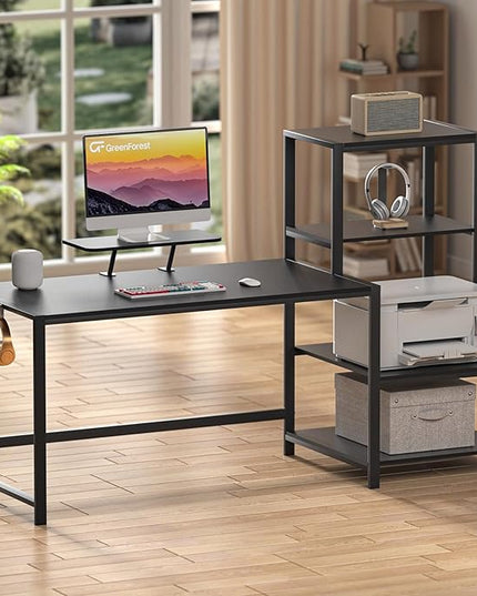 GreenForest Computer Desk 58 inch with Storage Printer Shelf Reversible Gaming Home Office Desk with Movable Monitor Stand and 2 Headphone Hooks for Study Writing PC Working, Black - LeafyLoom