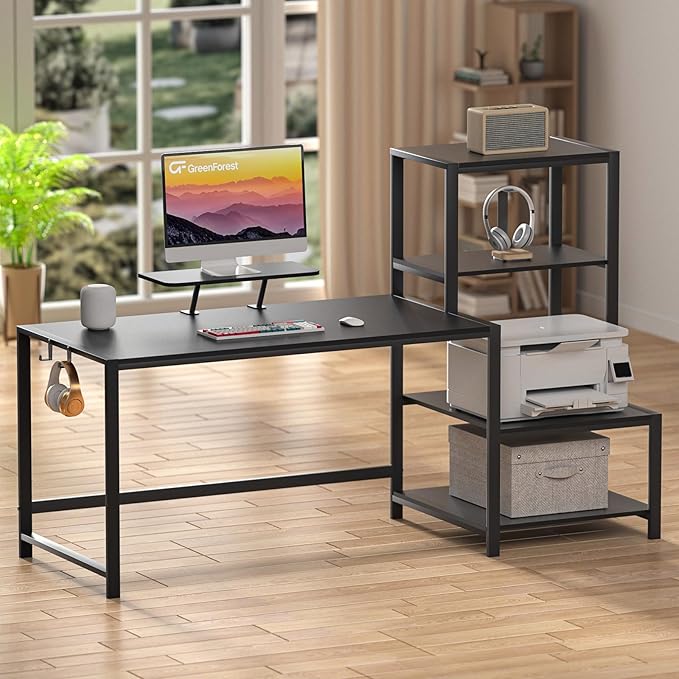 GreenForest Computer Desk 58 inch with Storage Printer Shelf Reversible Gaming Home Office Desk with Movable Monitor Stand and 2 Headphone Hooks for Study Writing PC Working, Black - LeafyLoom