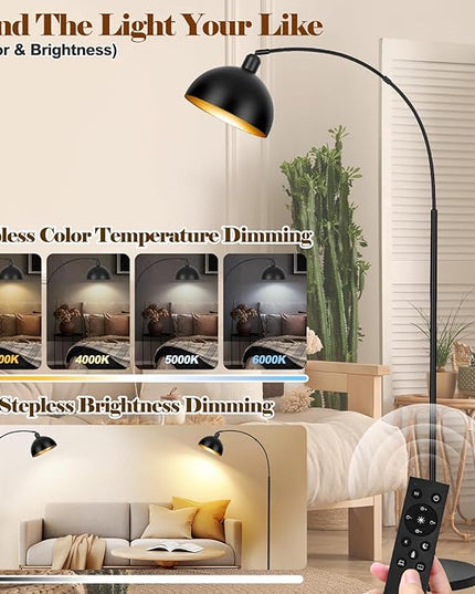 【Upgraded】Black Arc Floor Lamps for Living Room - Dimmable Arched Floor Lamp with Remote Control & 2700-6000K 9W LED Bulb Included, Modern Arch Standing lamp, Industrial Tall Lamp for Bedroom Reading - LeafyLoom