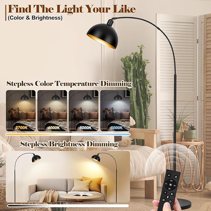 【Upgraded】Black Arc Floor Lamps for Living Room - Dimmable Arched Floor Lamp with Remote Control & 2700-6000K 9W LED Bulb Included, Modern Arch Standing lamp, Industrial Tall Lamp for Bedroom Reading - LeafyLoom