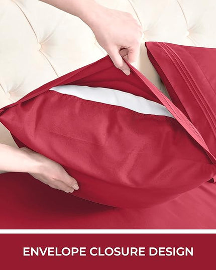 Mellanni RV Short Queen Sheets - 4 PC Iconic Collection Bedding Sheets & Pillowcases - Hotel Luxury, Extra Soft, Cooling Bed Sheets - Deep Pocket up to 10 inch (RV/Short Queen, Brick Red) - LeafyLoom
