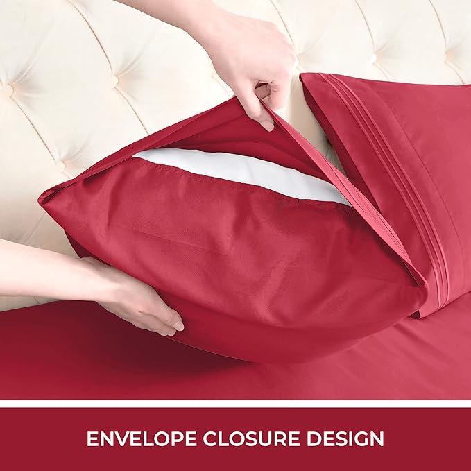 Mellanni RV Short Queen Sheets - 4 PC Iconic Collection Bedding Sheets & Pillowcases - Hotel Luxury, Extra Soft, Cooling Bed Sheets - Deep Pocket up to 10 inch (RV/Short Queen, Brick Red) - LeafyLoom
